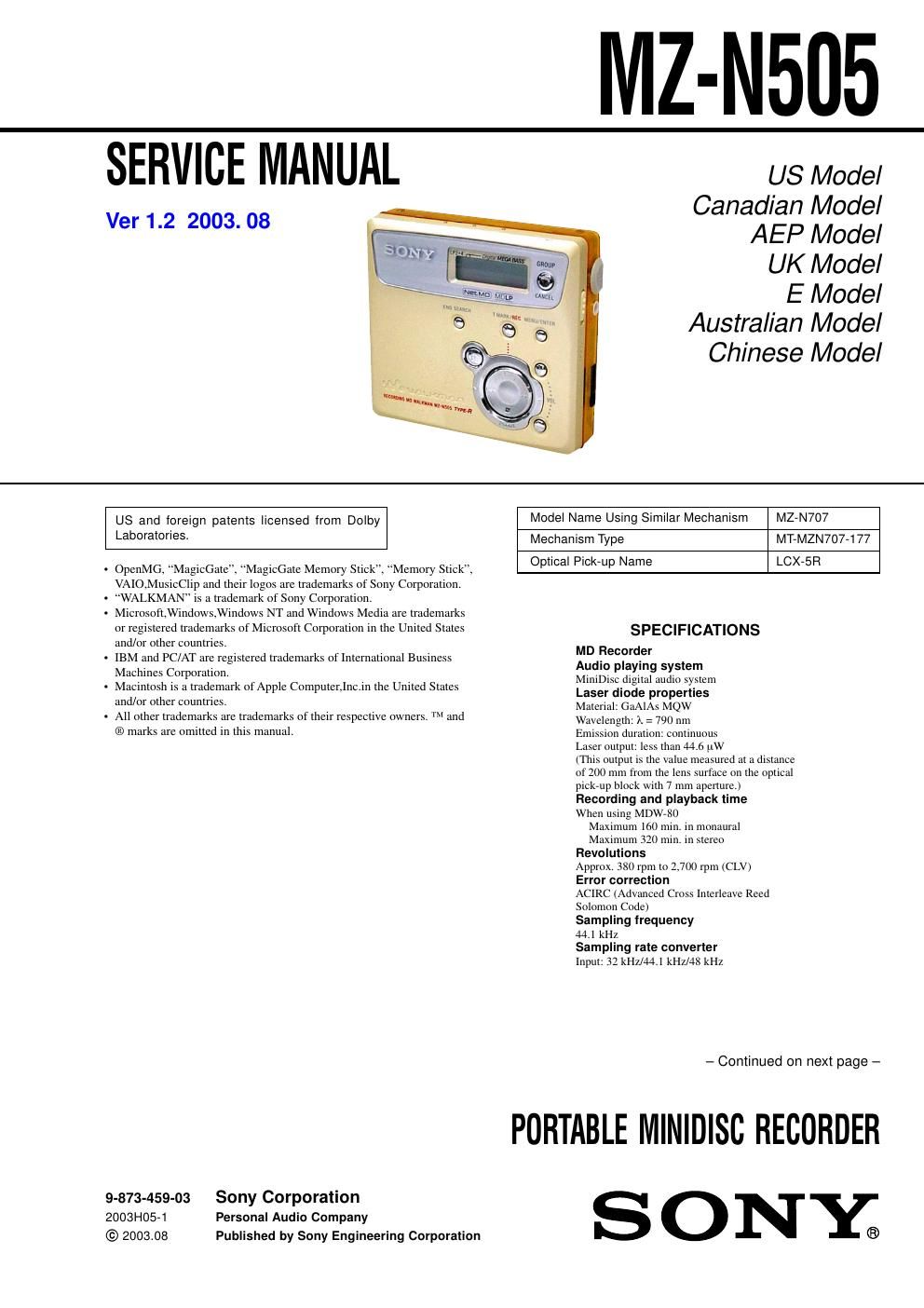 sony mz n 505 service manual