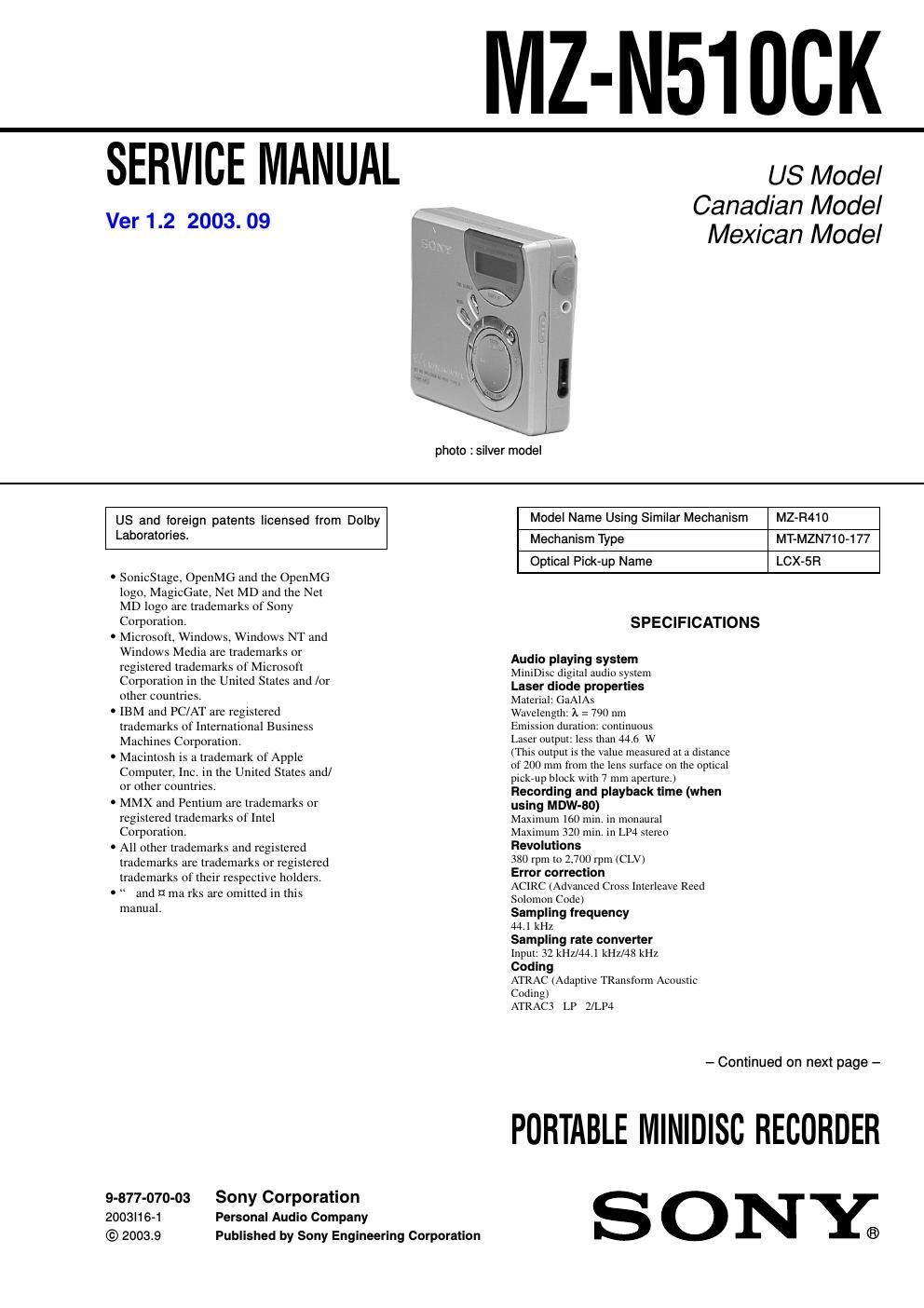 sony mz n 510 ck service manual