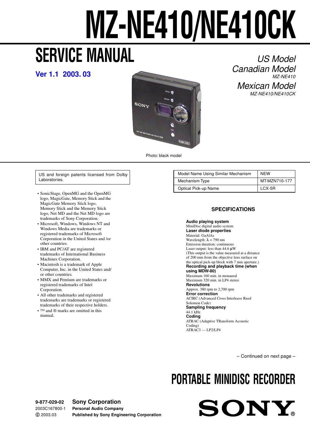 sony mz ne 410 service manual