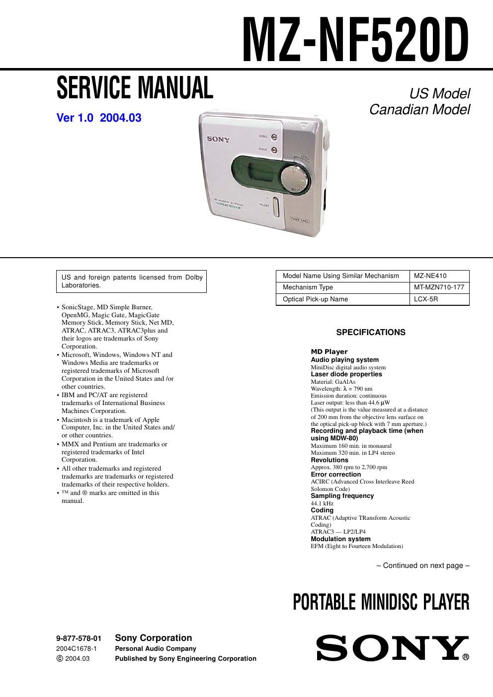 sony mz nf 520 d service manual