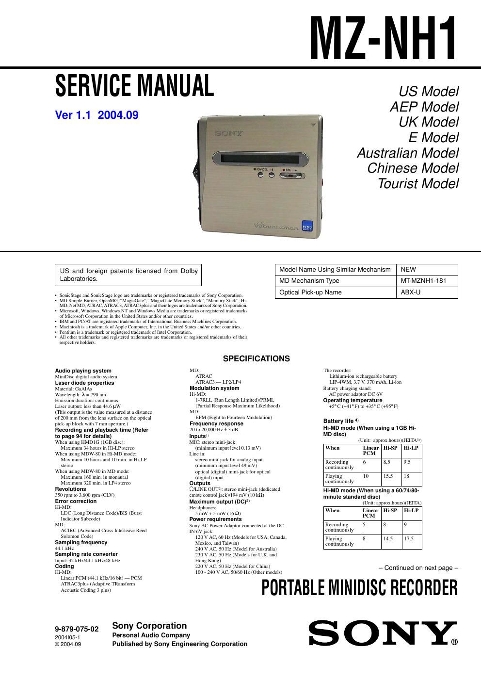 sony mz nh 1 service manual