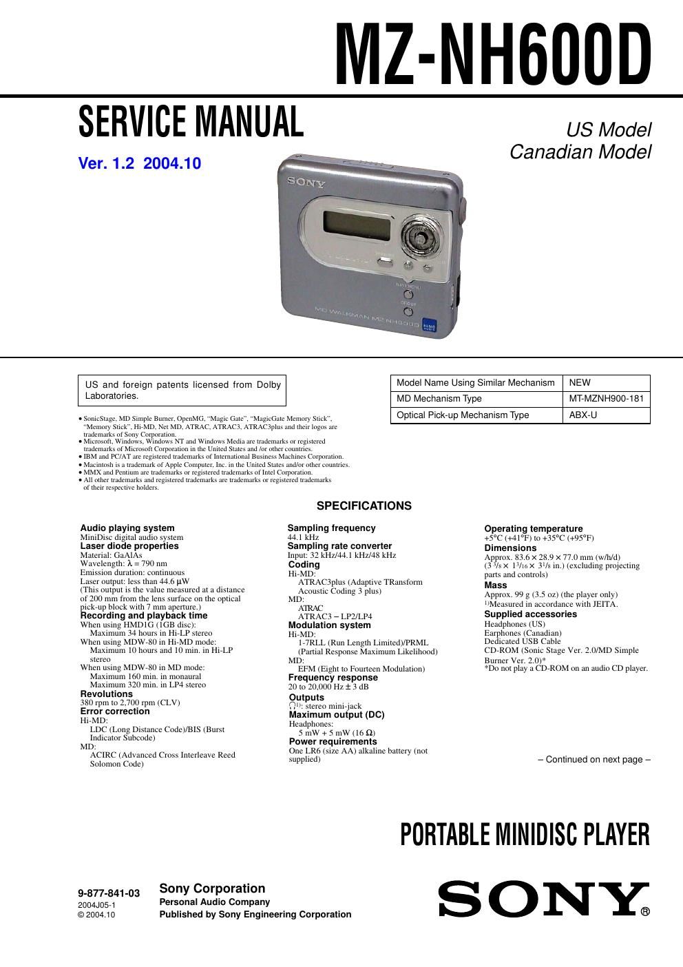 sony mz nh 600 d service manual