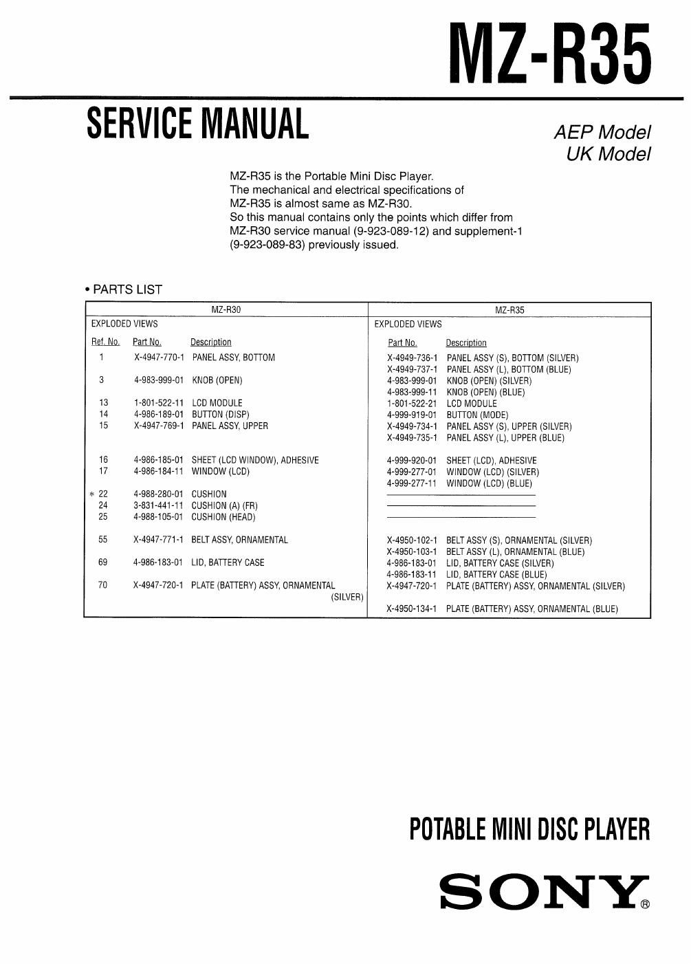 sony mz r 35 service manual