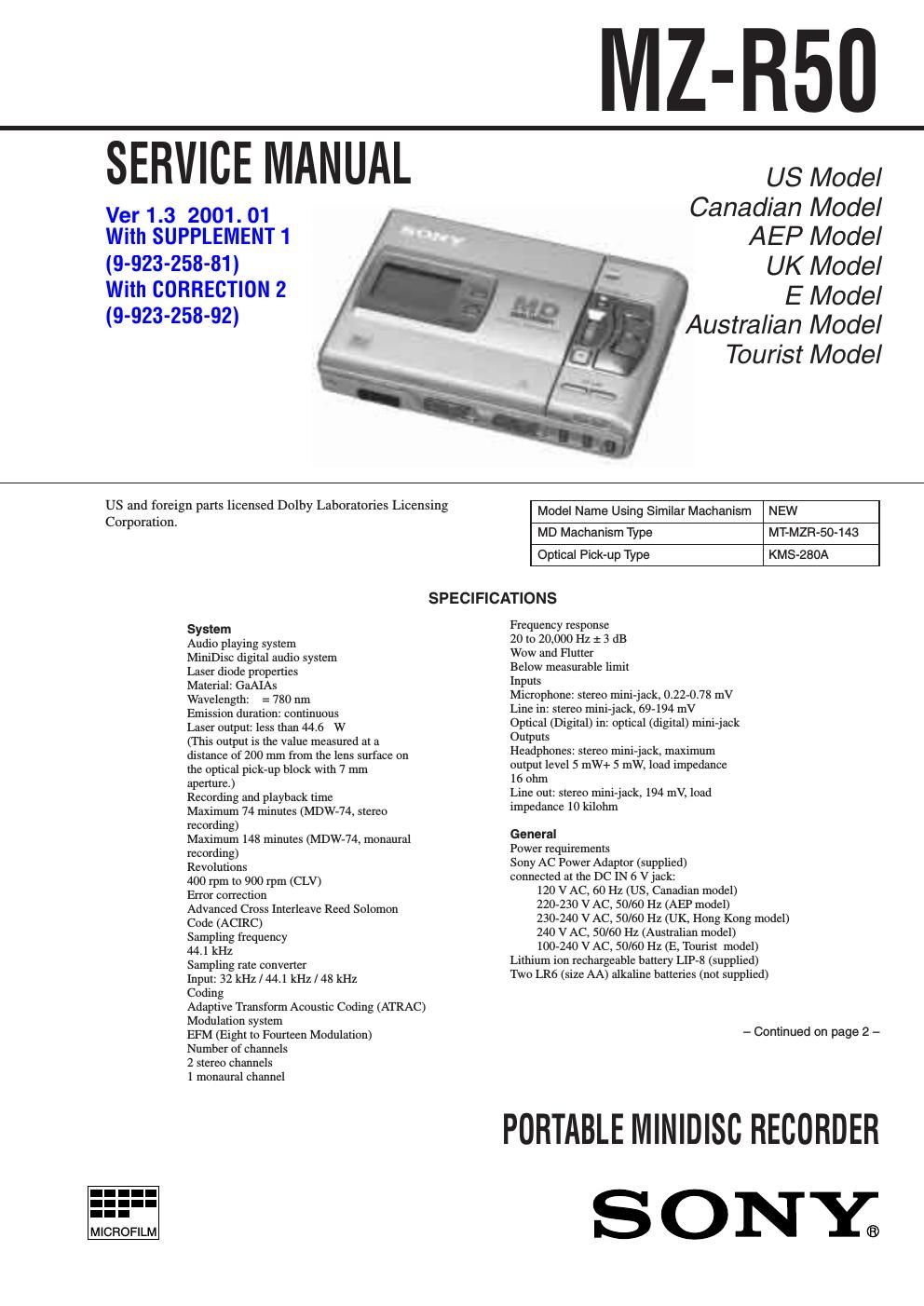 sony mz r 50 service manual