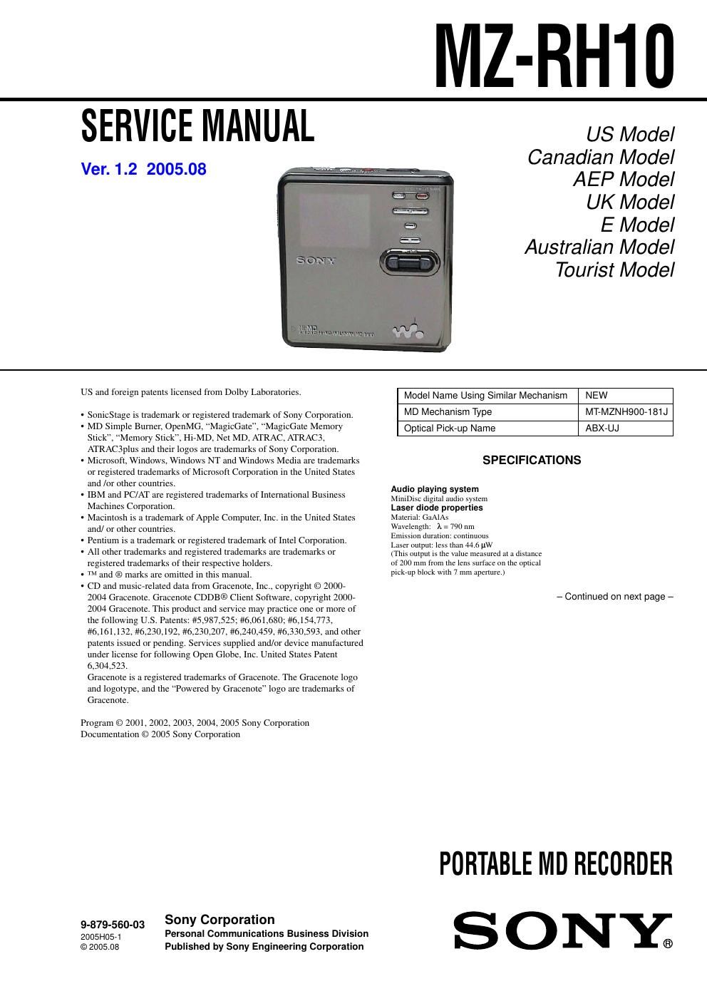 sony mz rh 10 service manual