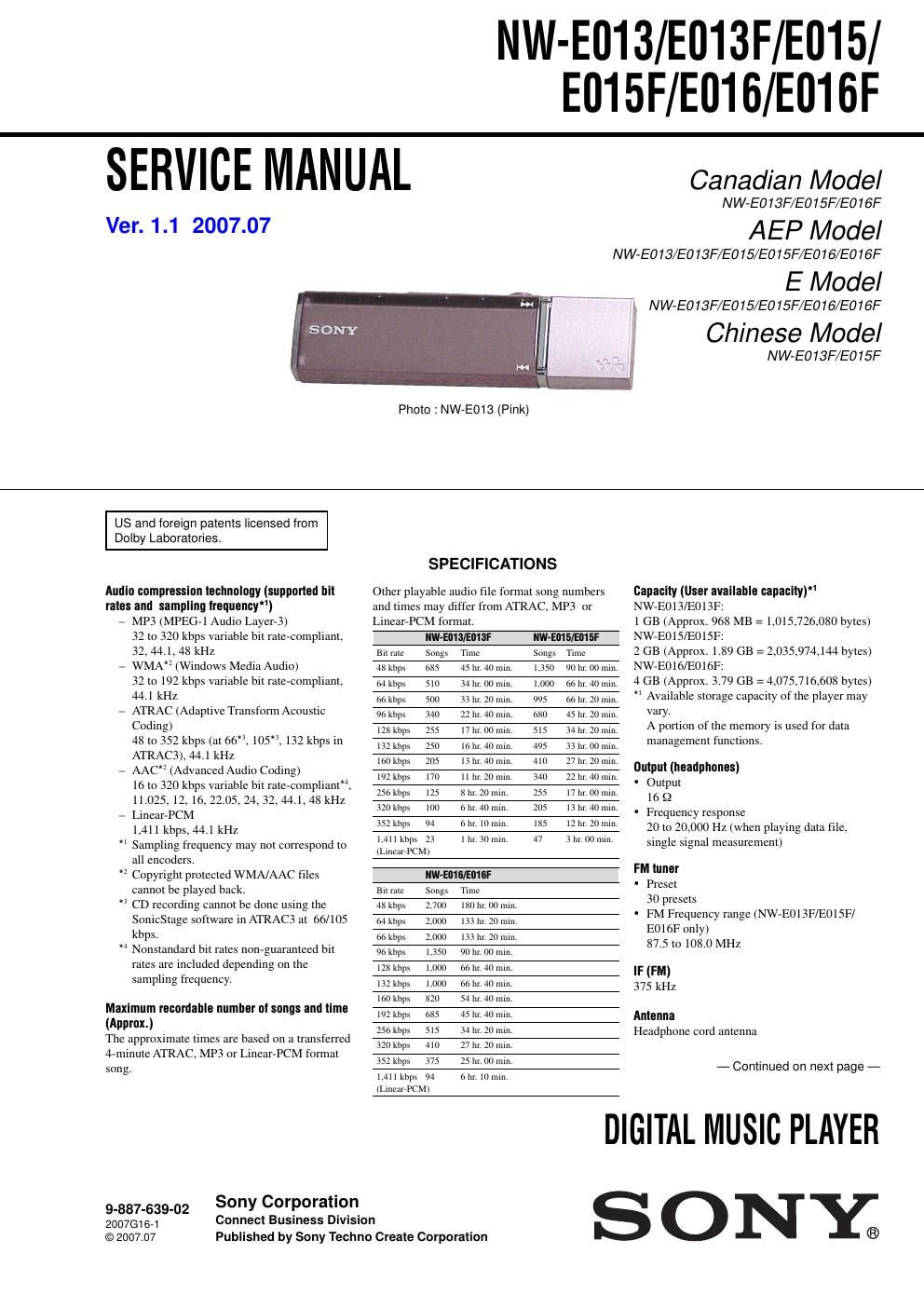 sony nw e 013 service manual