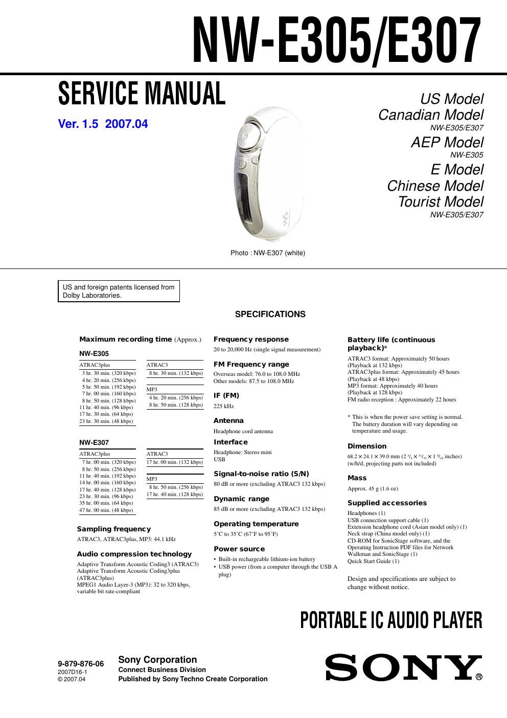 sony nw e 305 e307 portable ic audio player