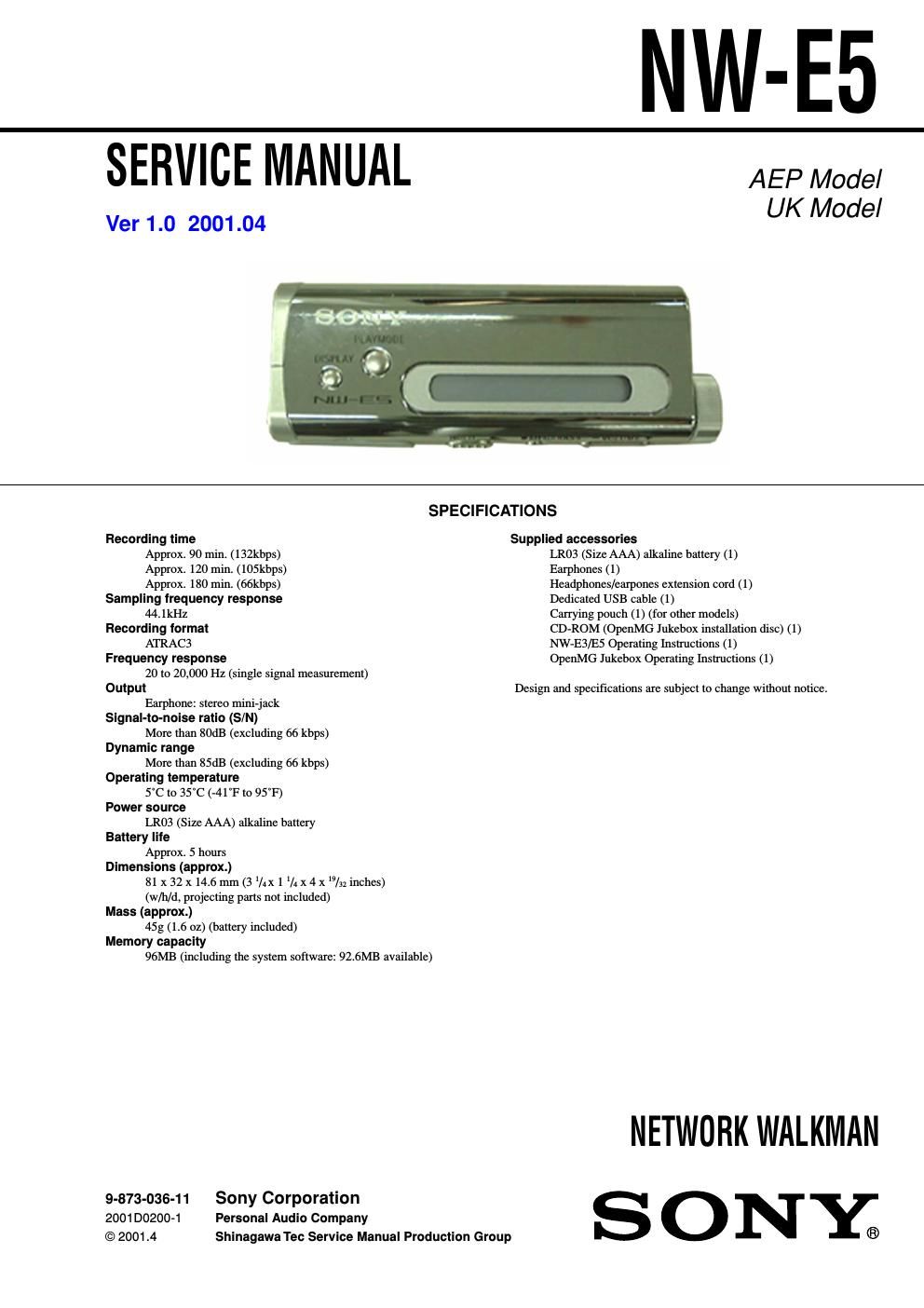 sony nw e 5 service manual