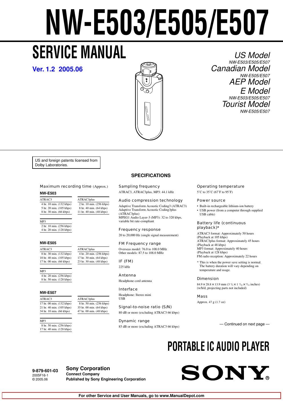 sony nw e 503 service manual