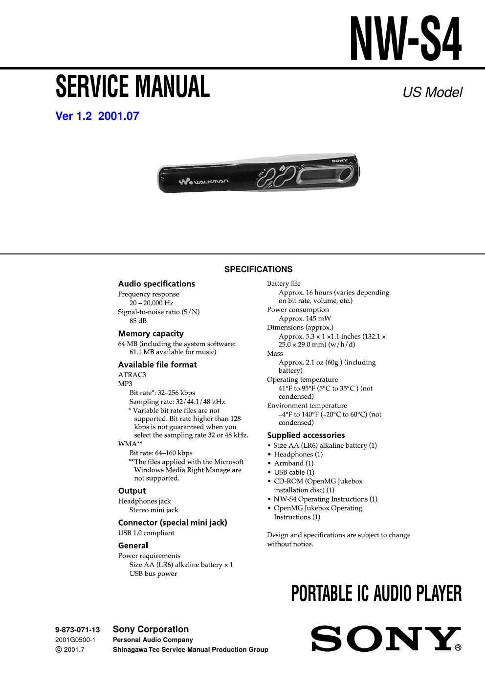 sony nw s 4 service manual