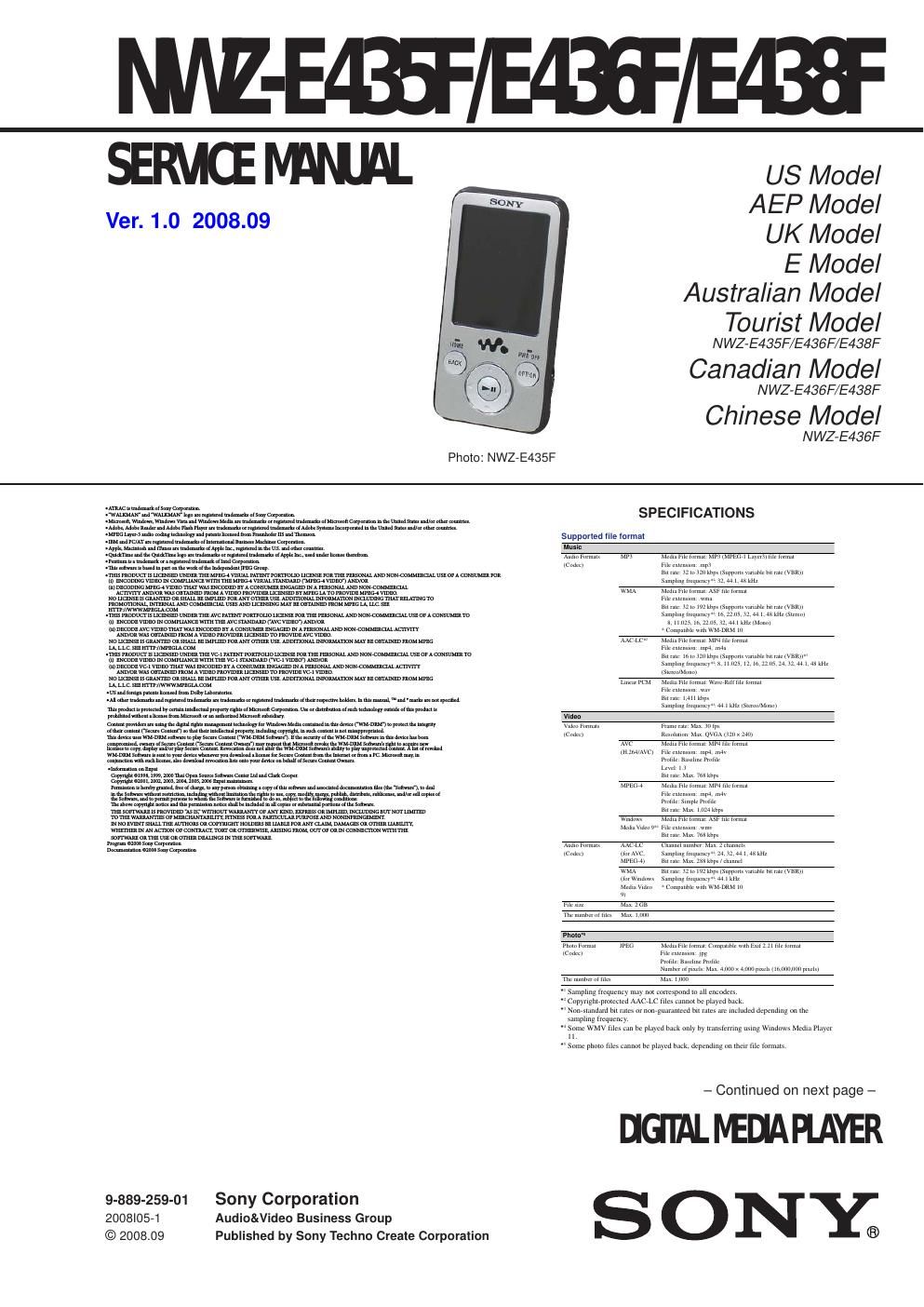 sony nwz e 435 f service manual