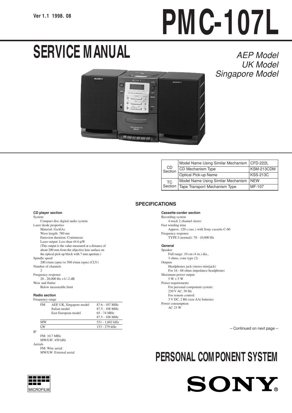 sony pmc 107 l service manual