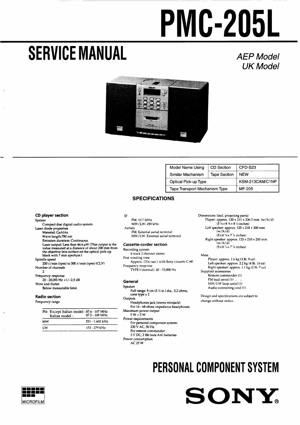 sony pmc 205 l service manual