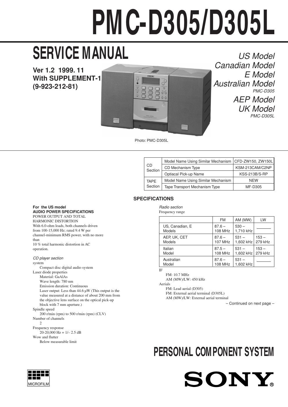 sony pmc d 305 l service manual