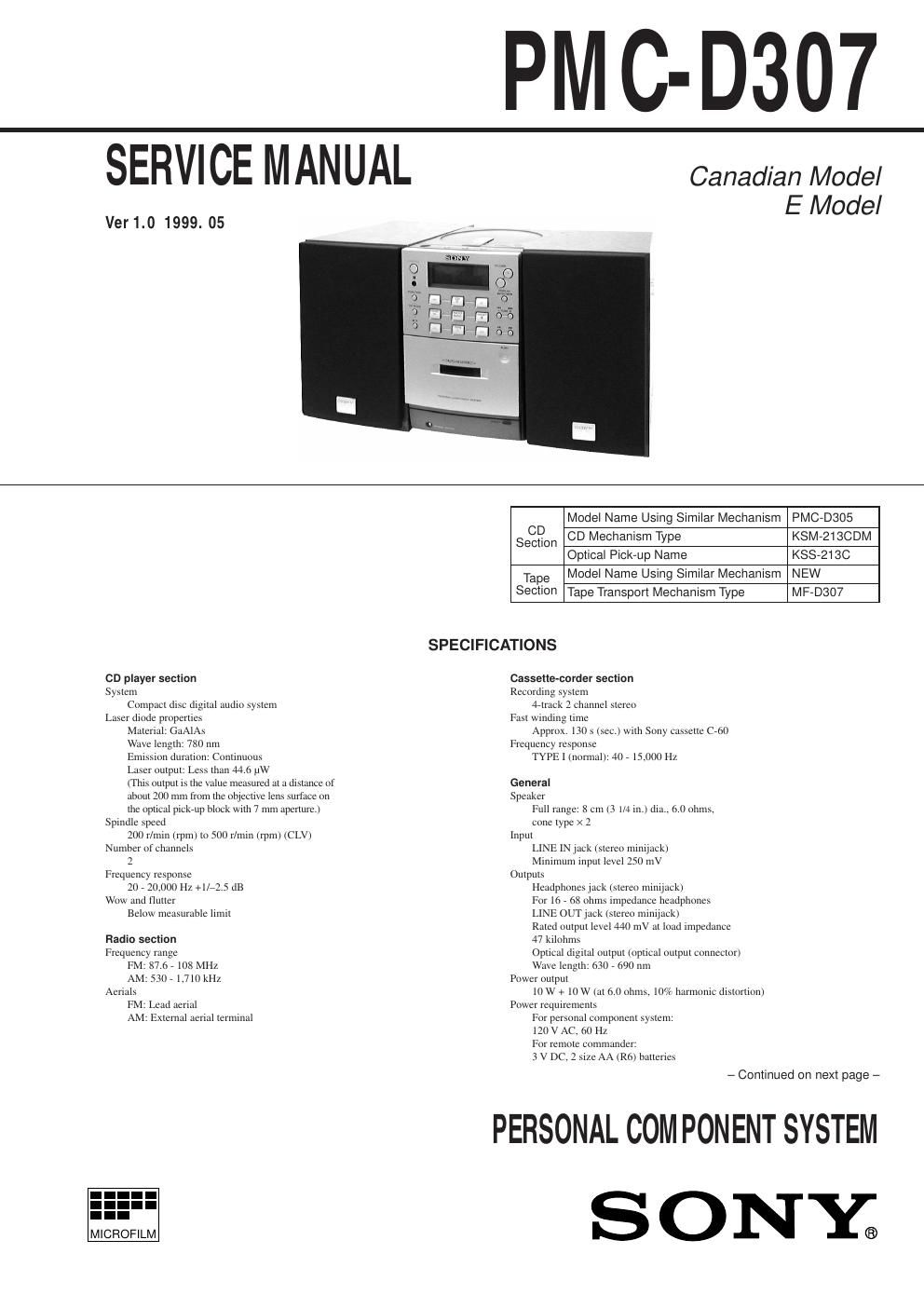 sony pmc d 307 service manual