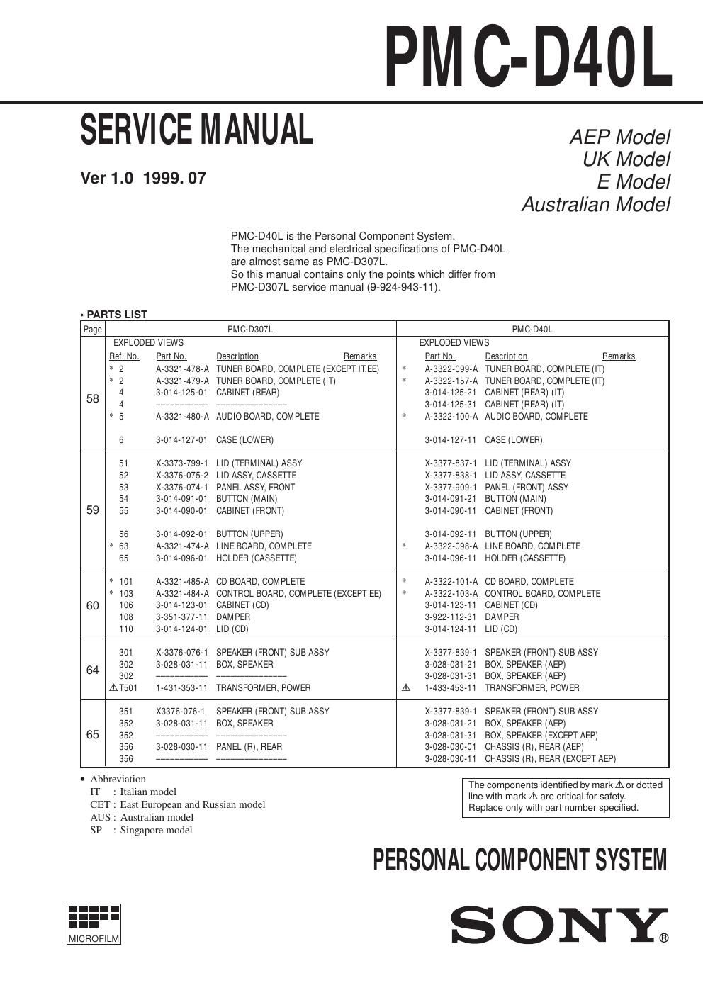 sony pmc d 40 l service manual