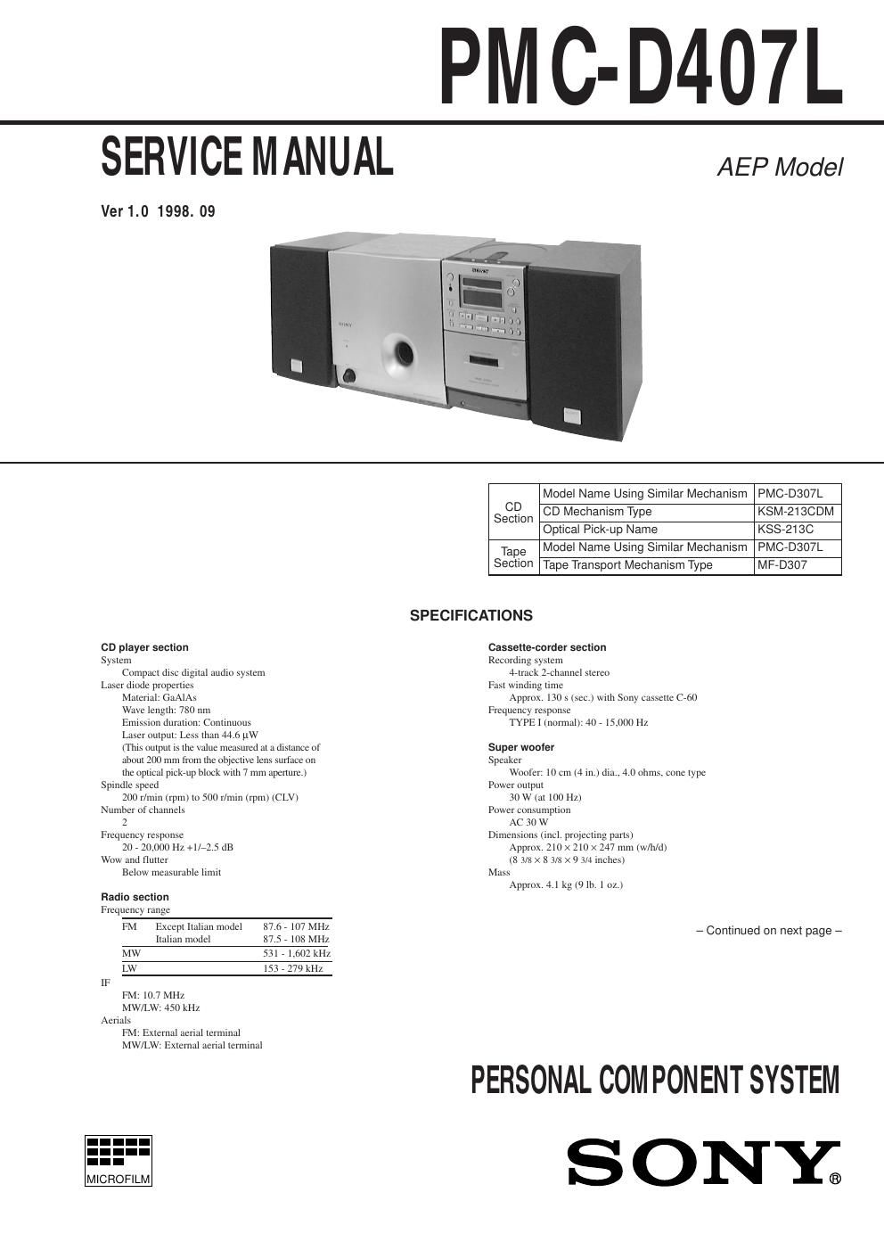 sony pmc d 407 l service manual