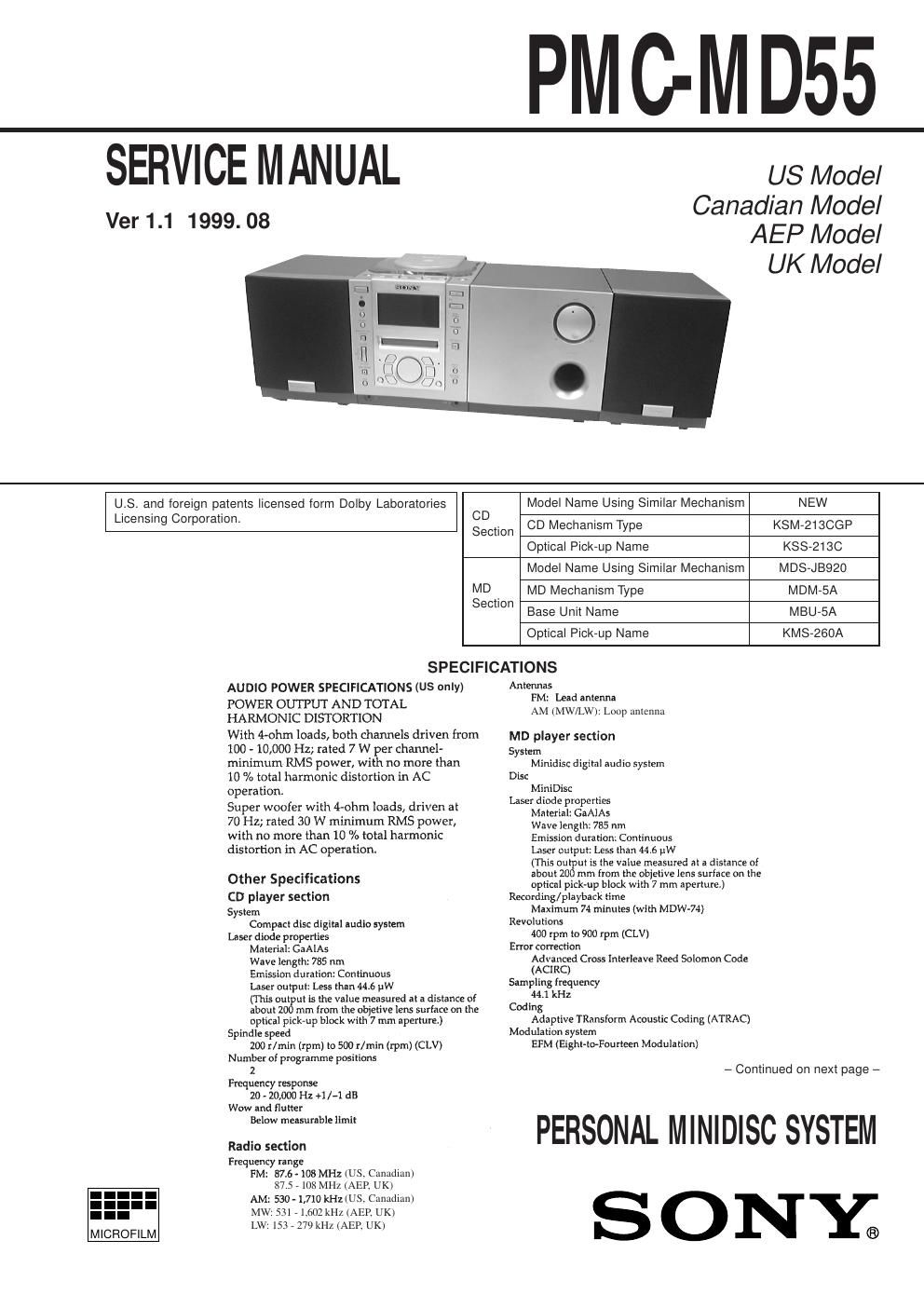 sony pmc md 55 service manual