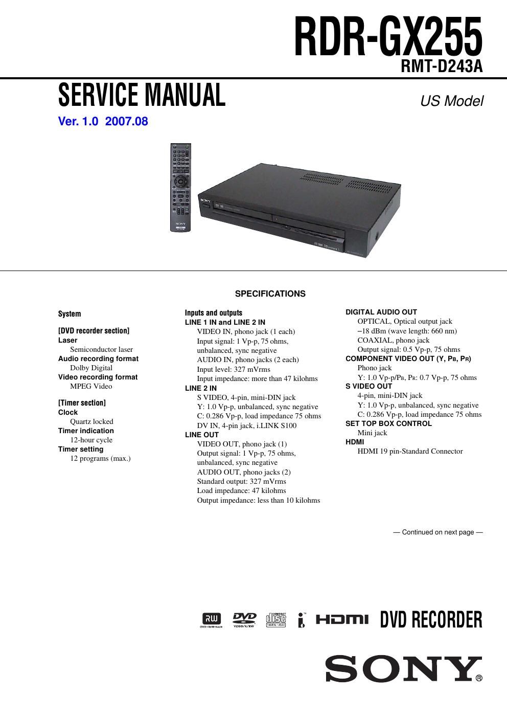 sony rdr gx 255 service manual