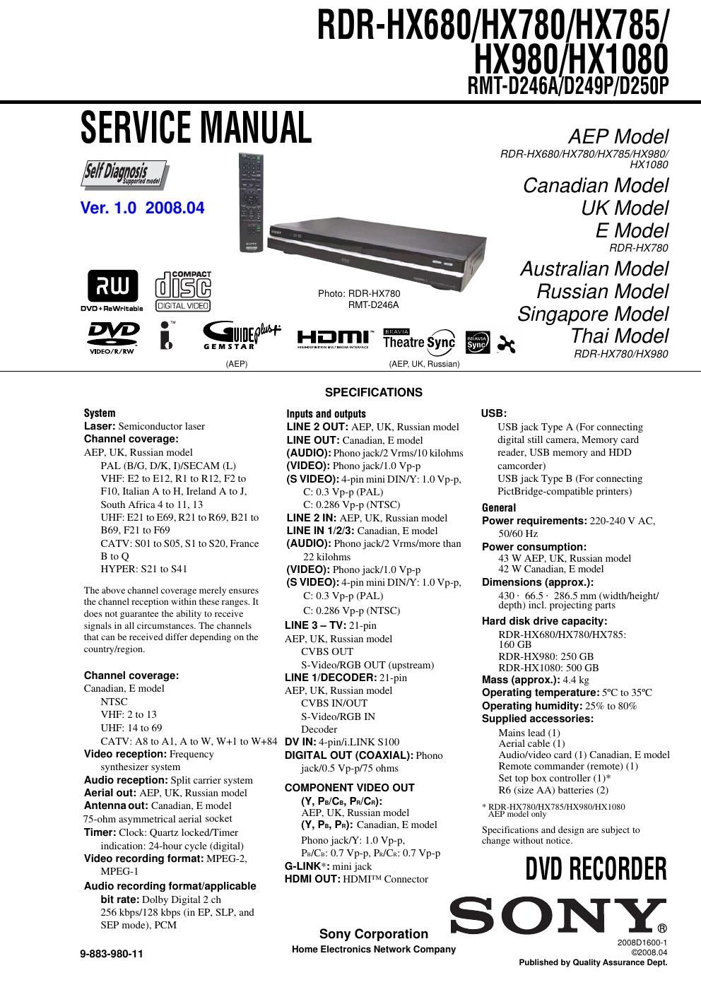 sony rdr hx 1080 service manual