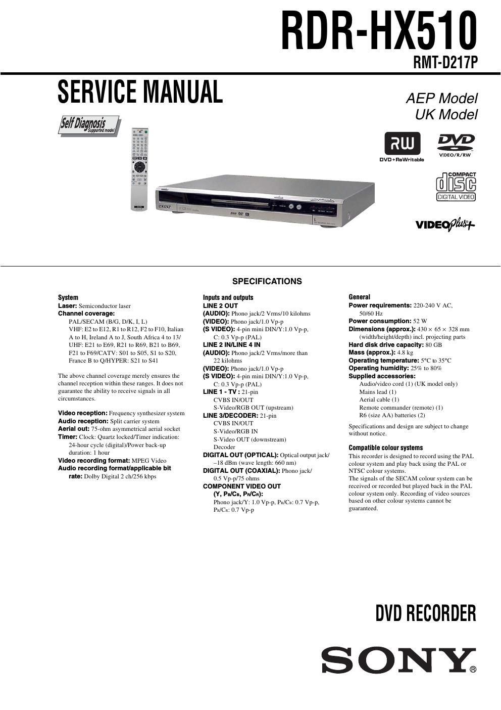 sony rdr hx 510 service manual