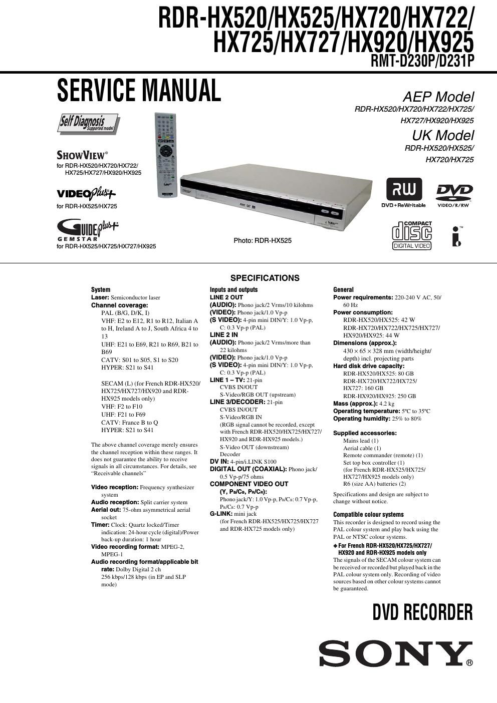 sony rdr hx 520 service manual