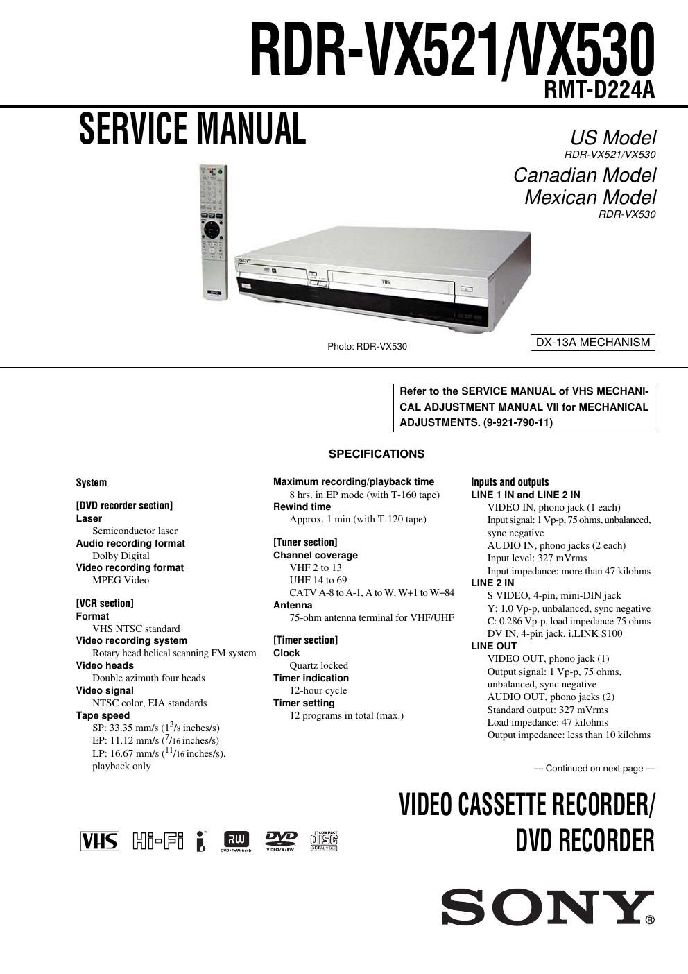 sony rdr vx 521 service manual