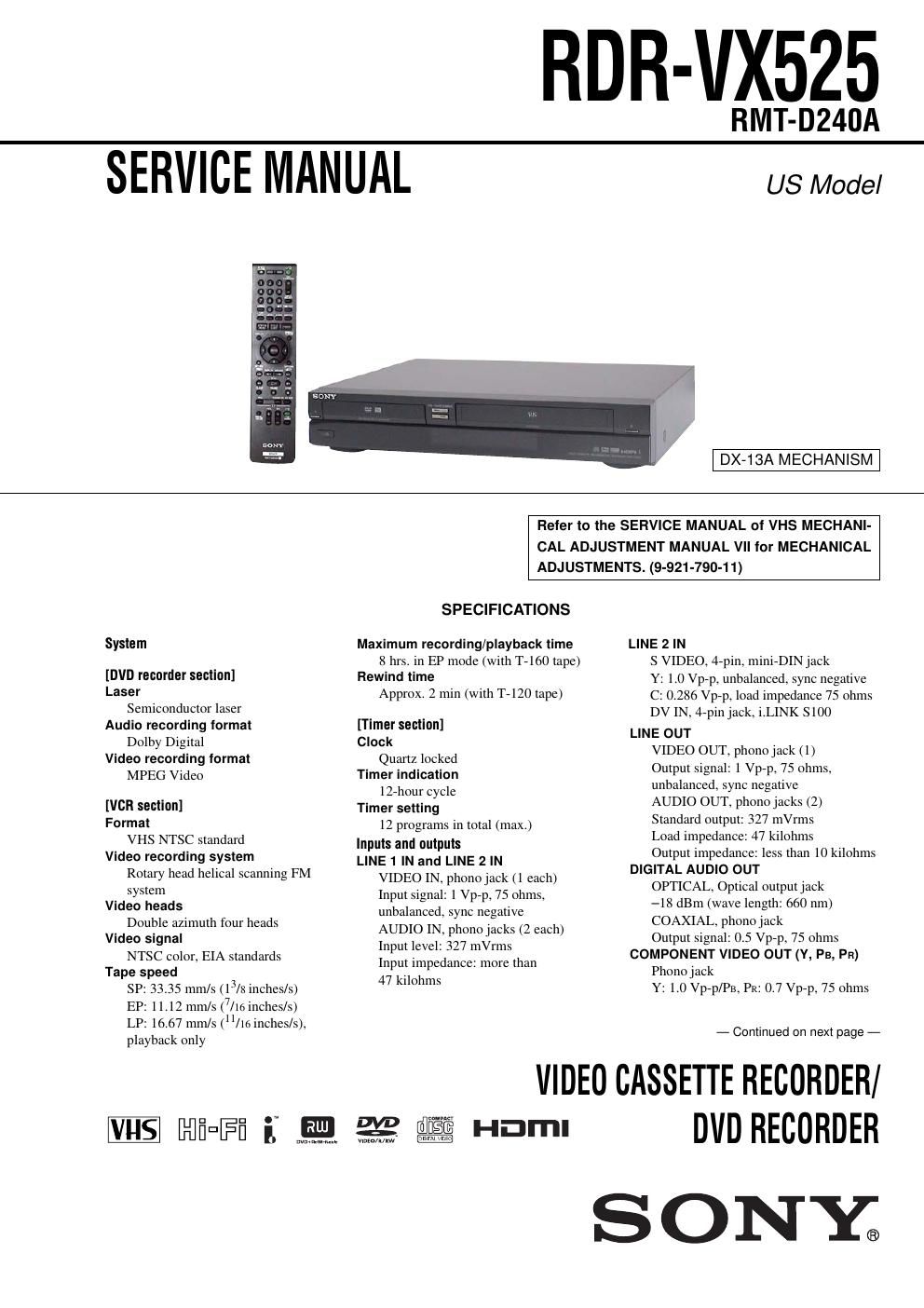 sony rdr vx 525 service manual