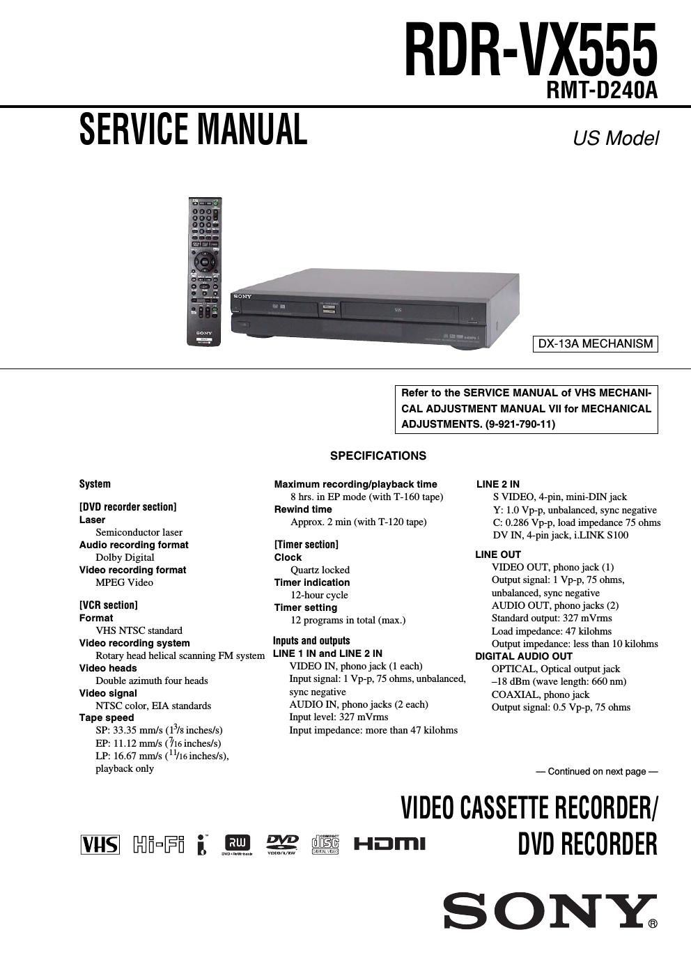 sony rdr vx 555 service manual