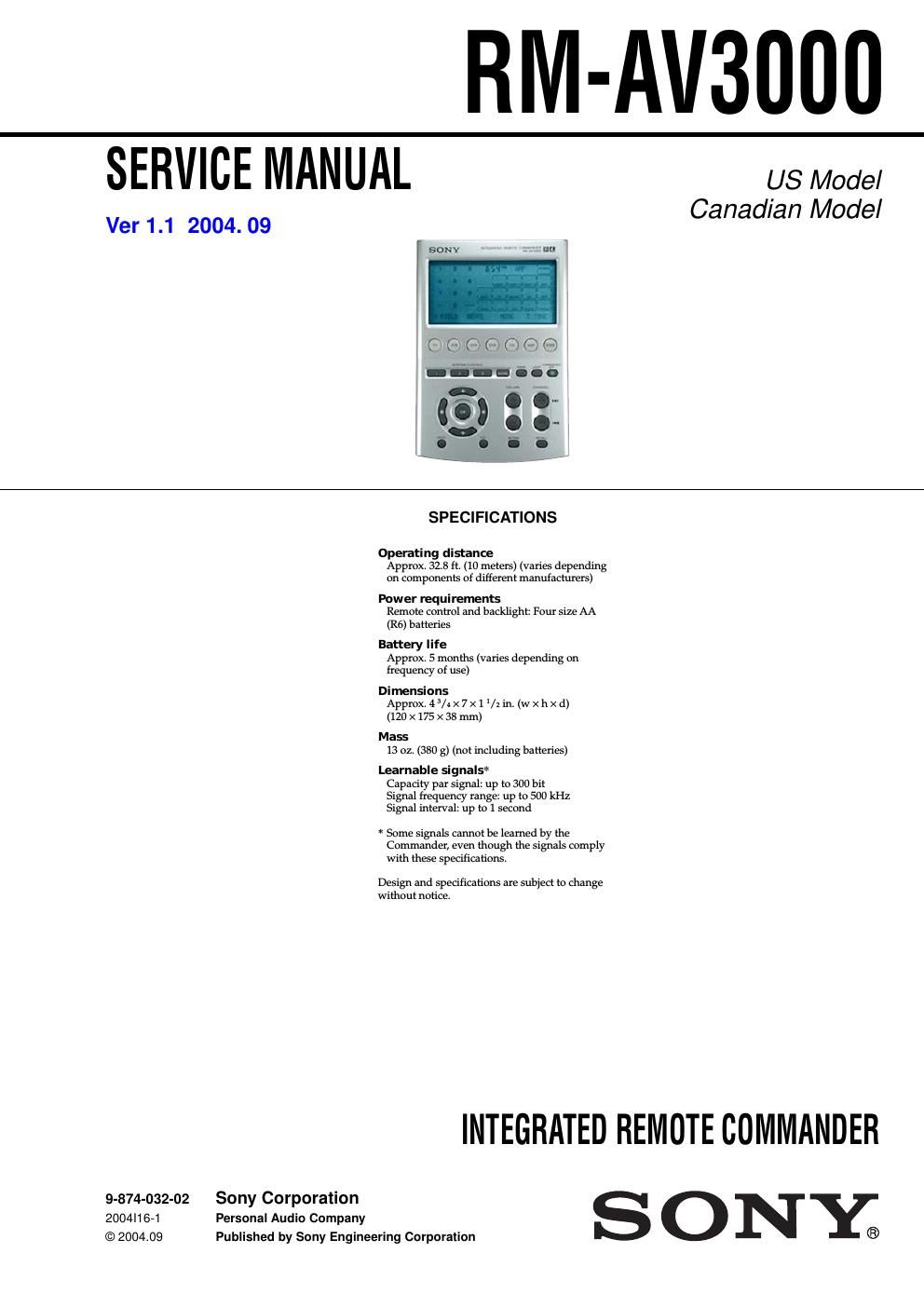 sony rm av 3000 service manual