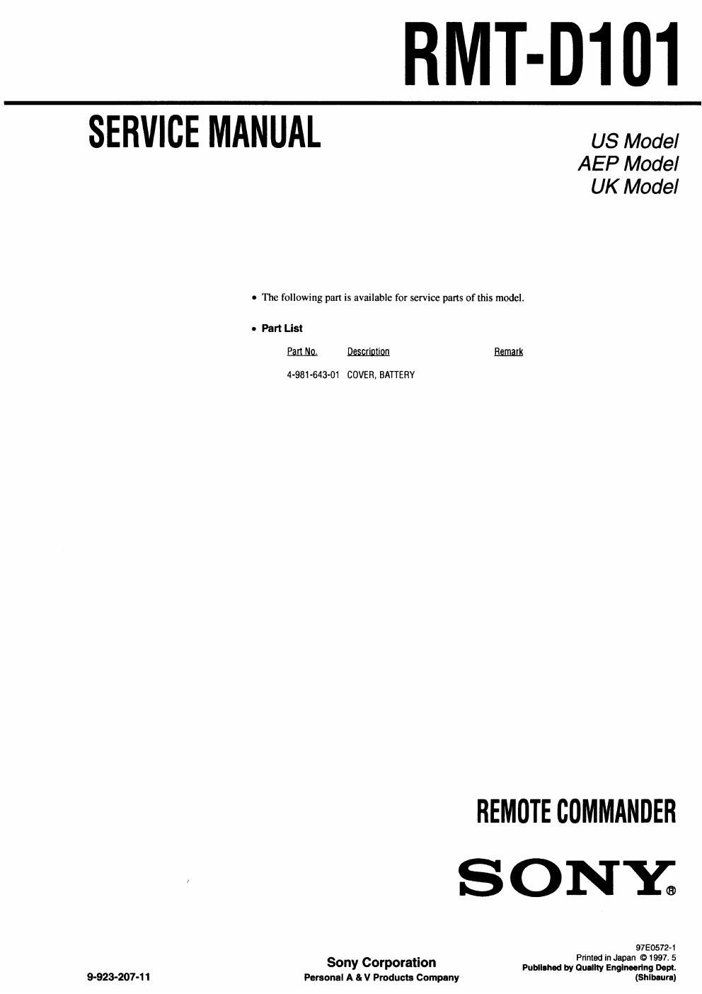 sony rm td 101 service manual