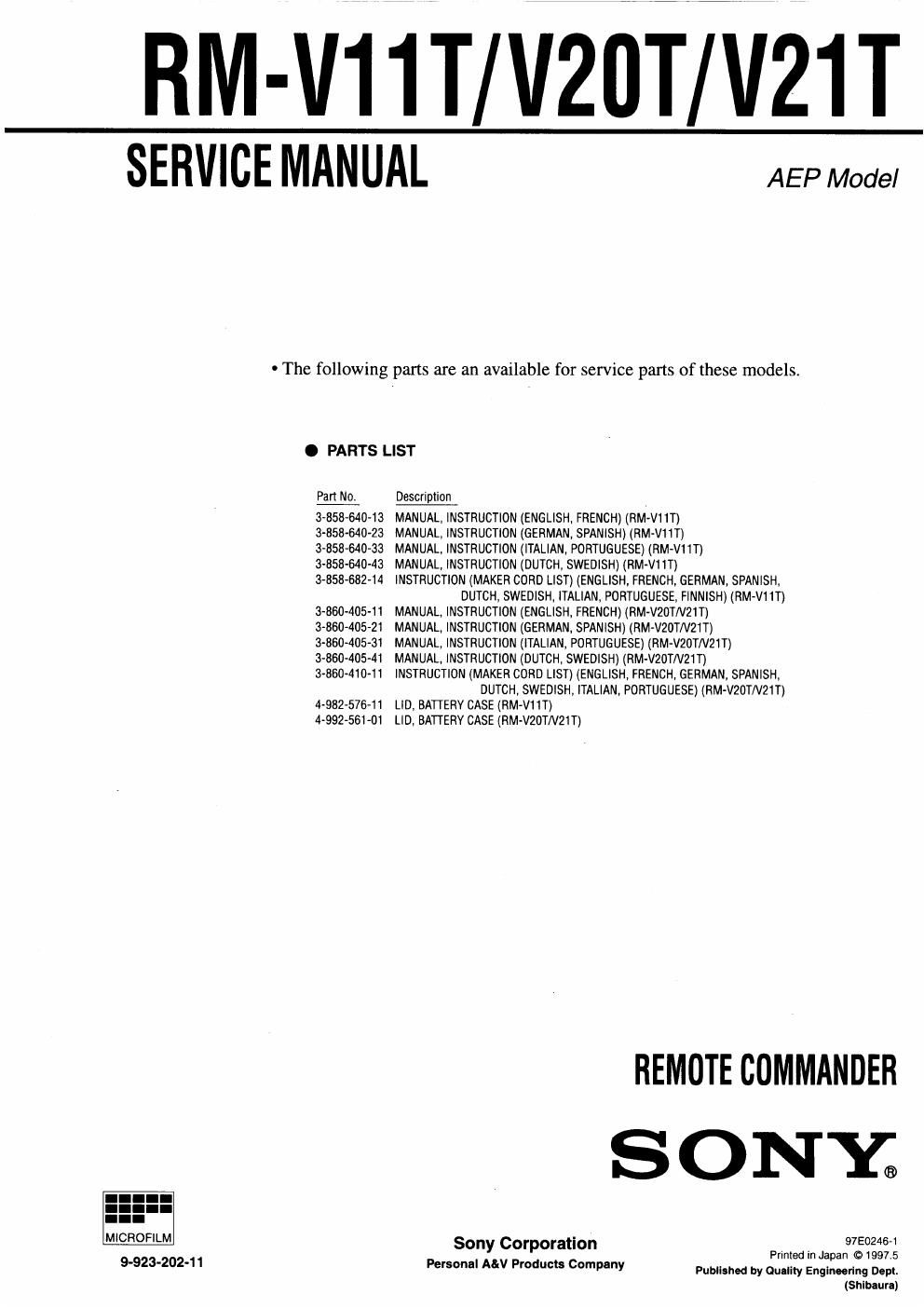 sony rm v 11 t service manual