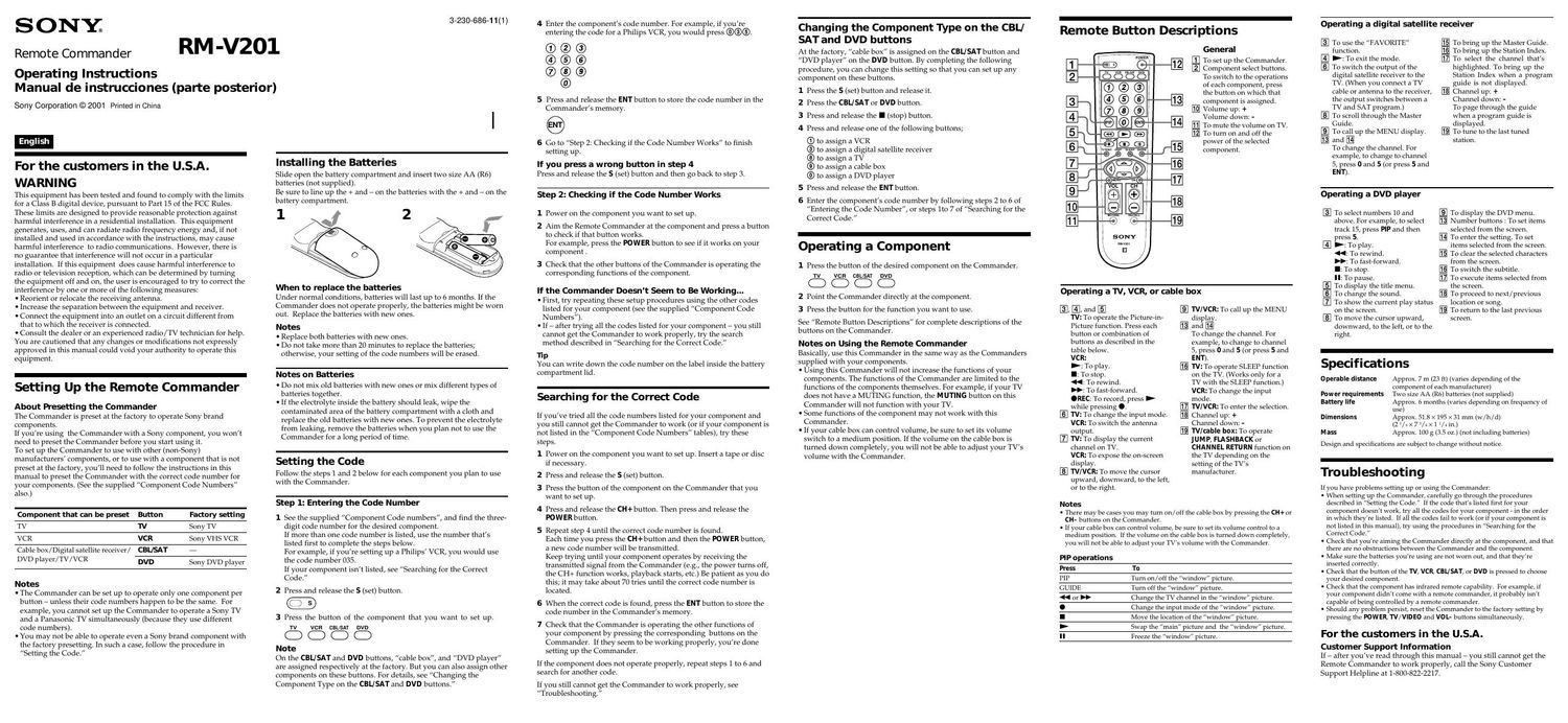 sony rm v 201 owners manual