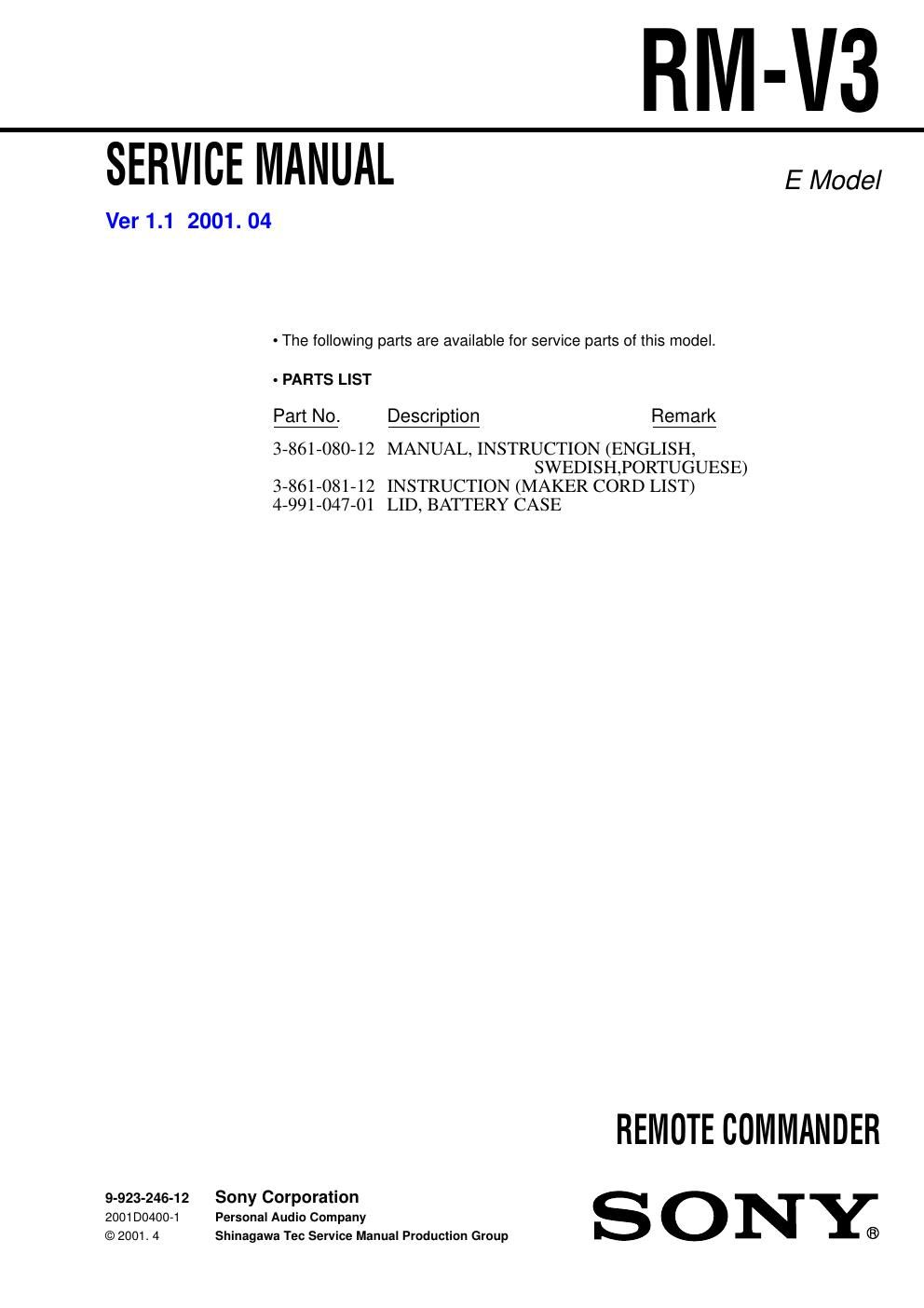 sony rm v 3 service manual