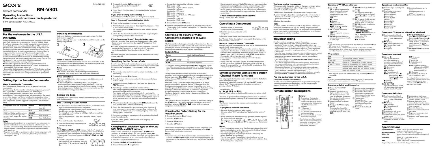 sony rm v 301 owners manual