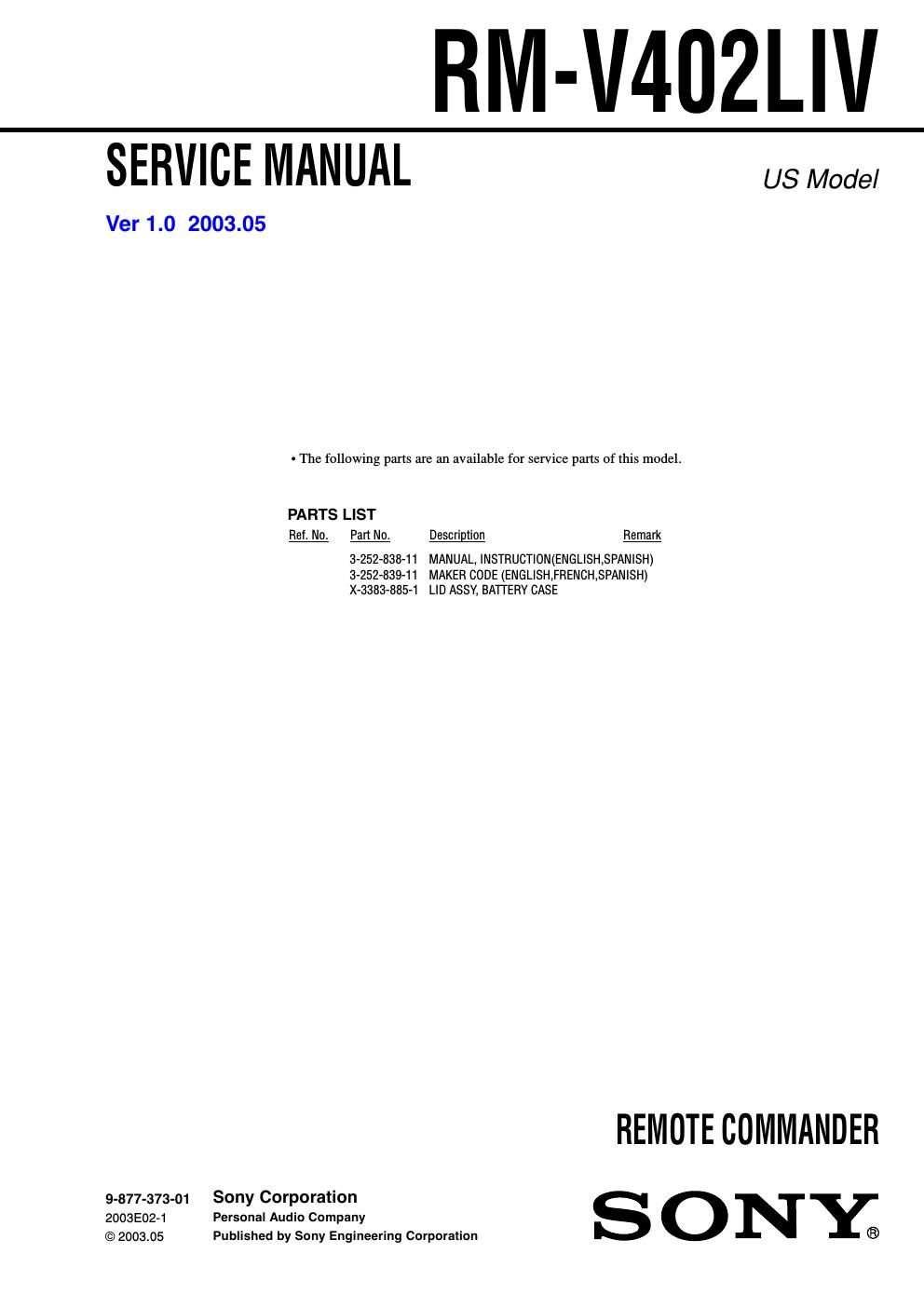 sony rm v 402 liv service manual