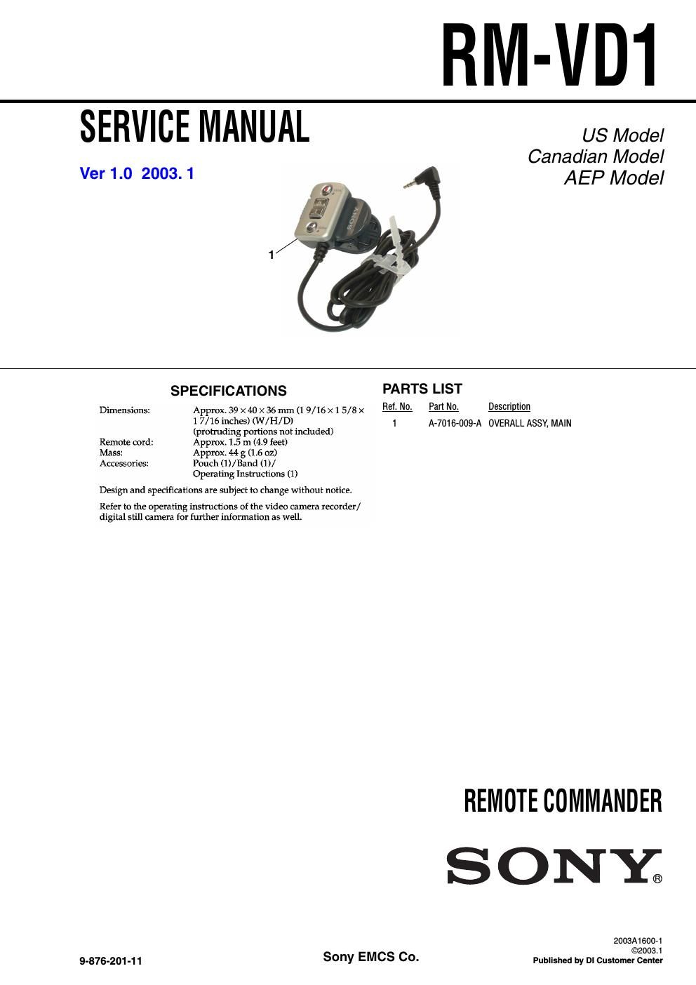 sony rm vd 1 service manual