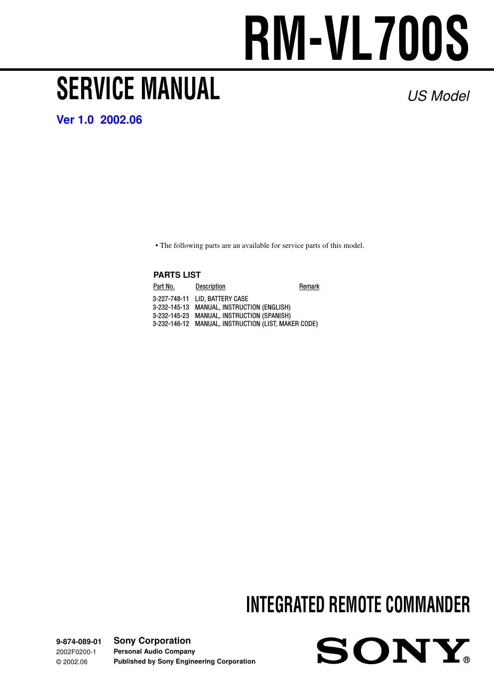 sony rm vl 700 s service manual