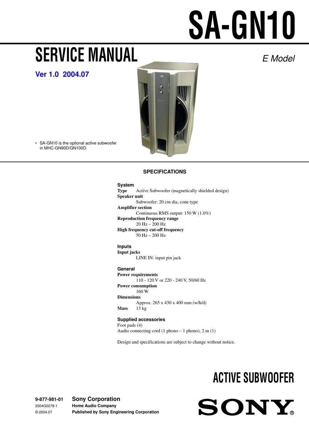 sony sa gn 10 service manual