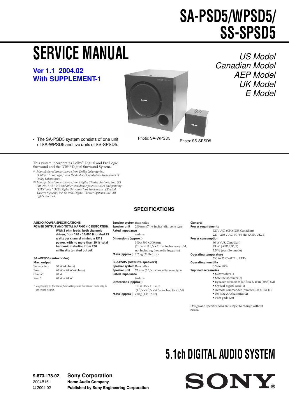 sony sa psd 5 service manual