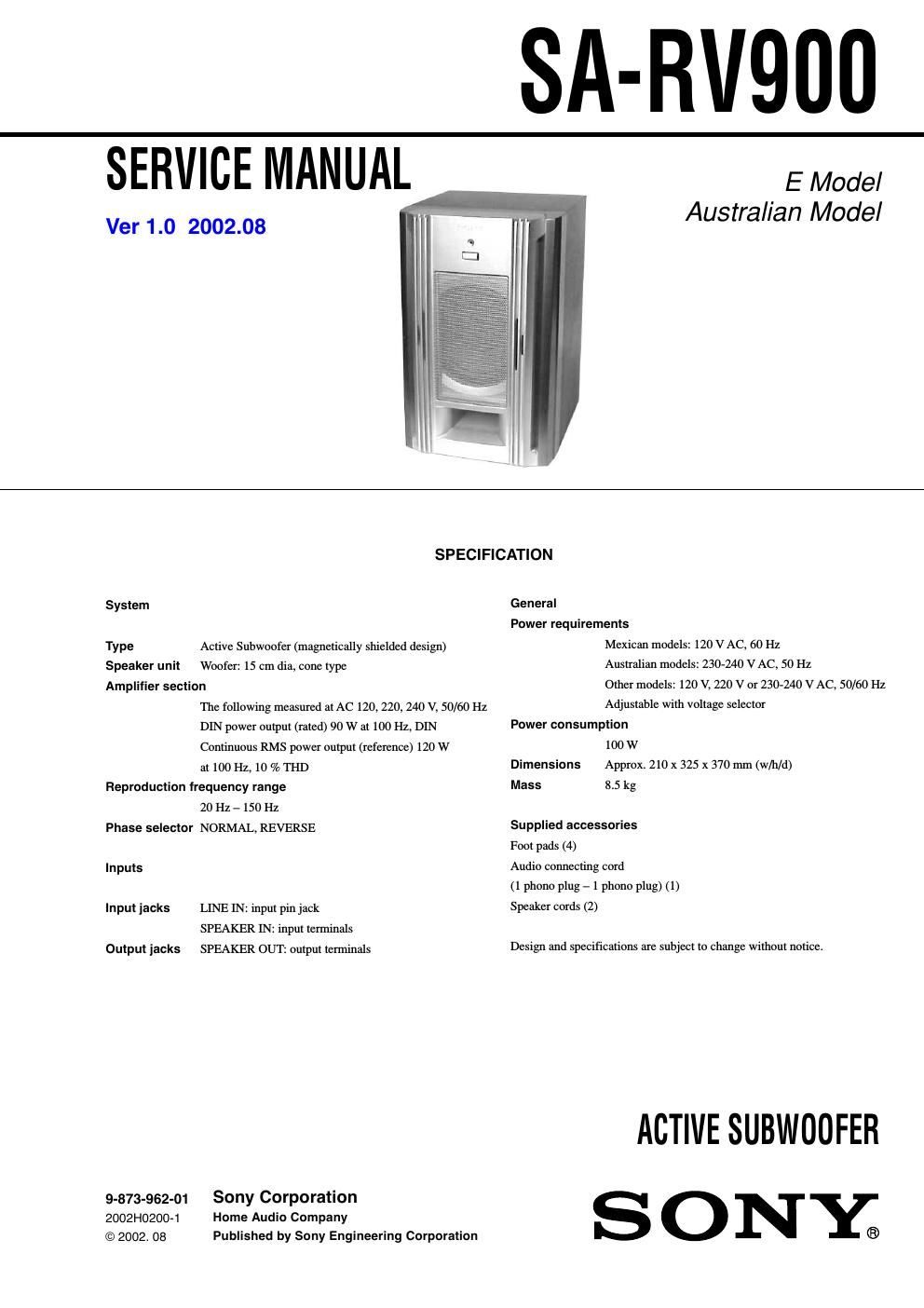 sony sa rv 900 service manual