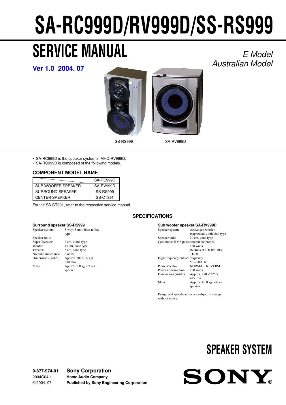 sony sa rv 999 d service manual