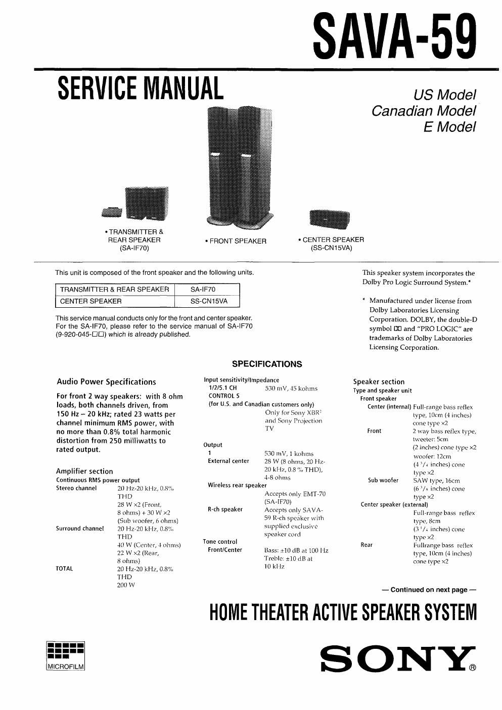 sony sava 59 service manual