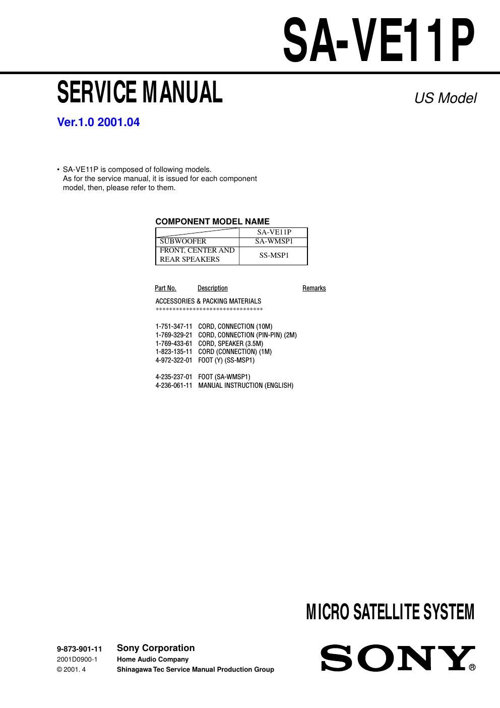 sony sa ve 11 p service manual