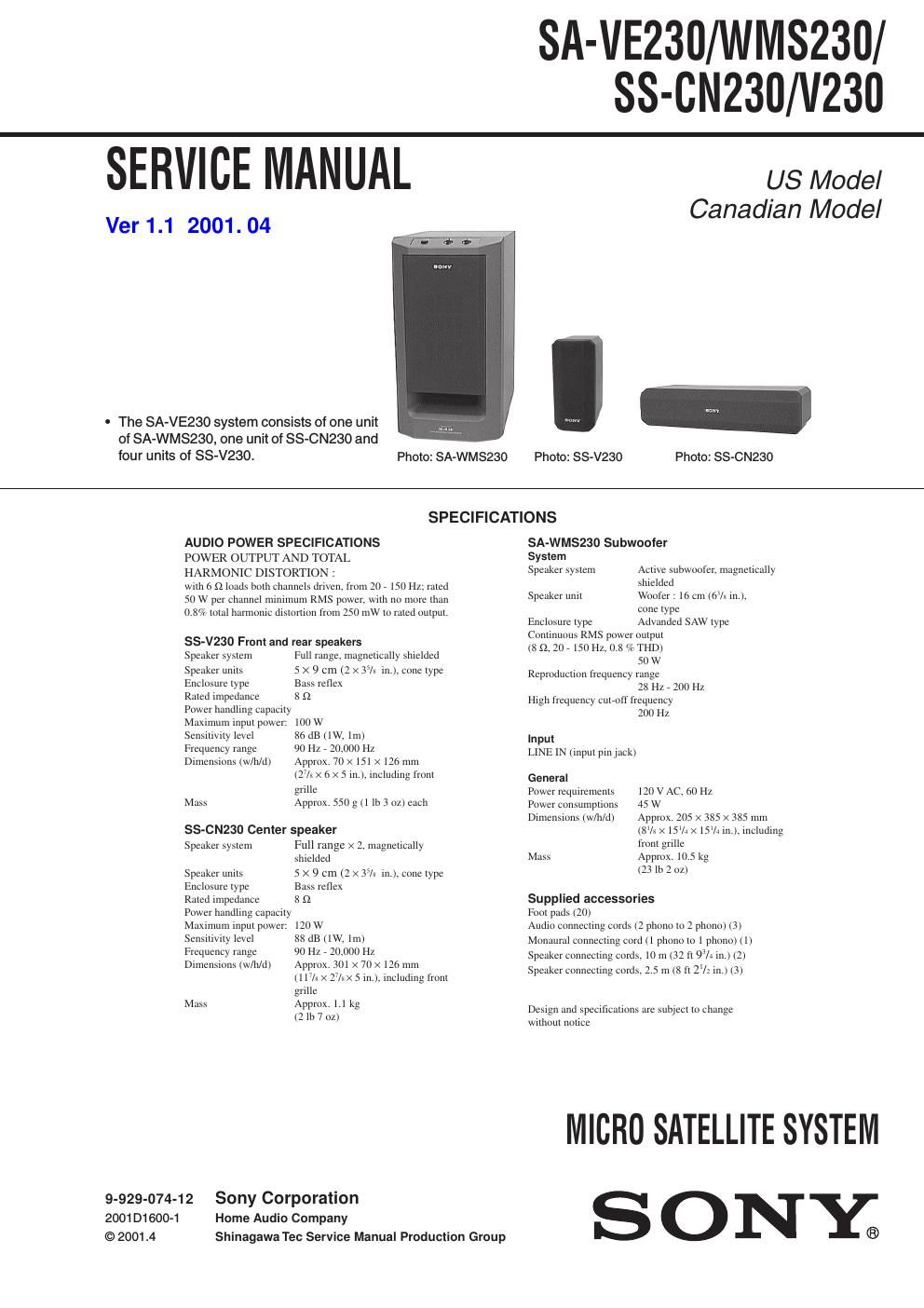 sony sa ve 230 service manual