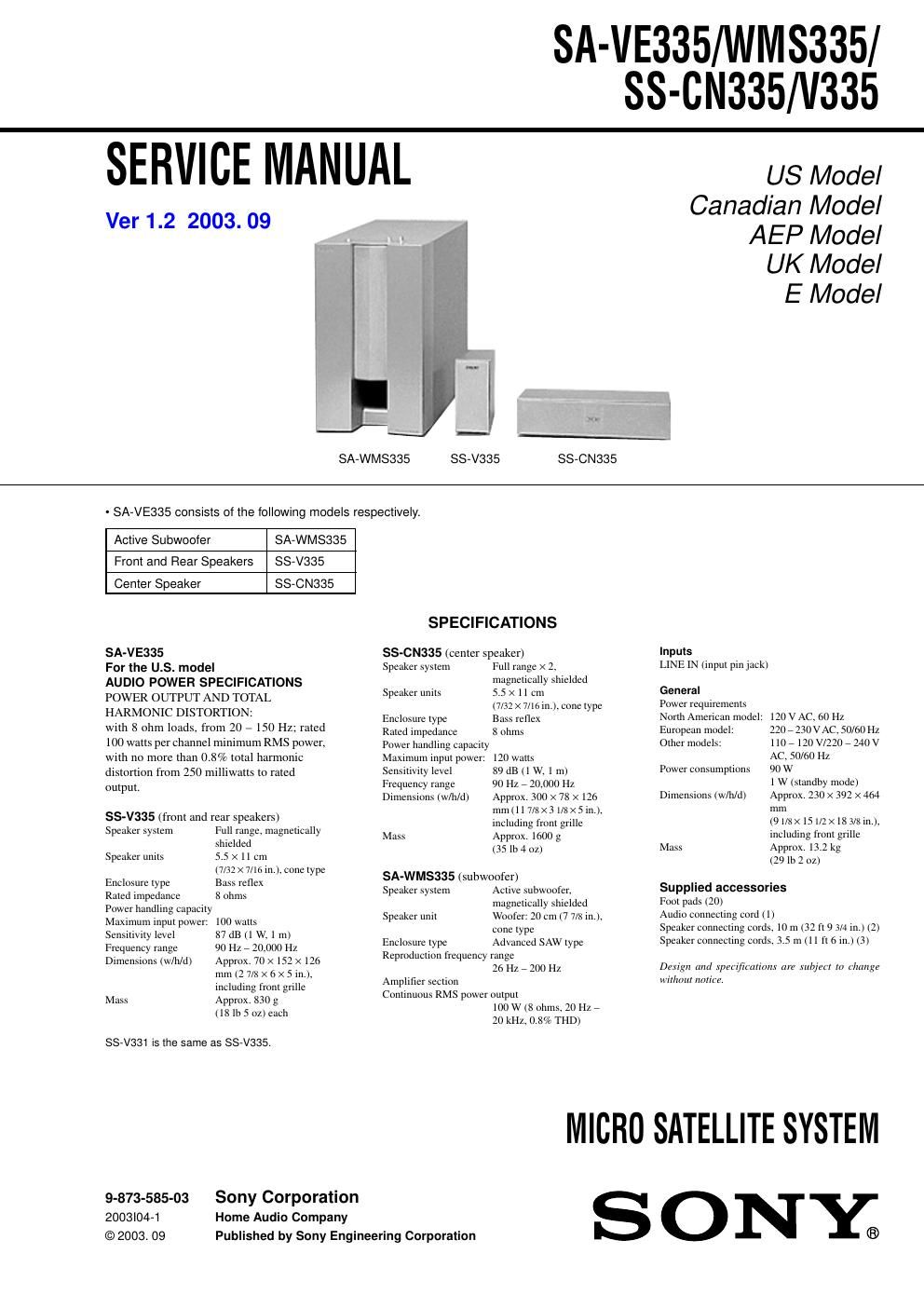 sony sa ve 335 service manual