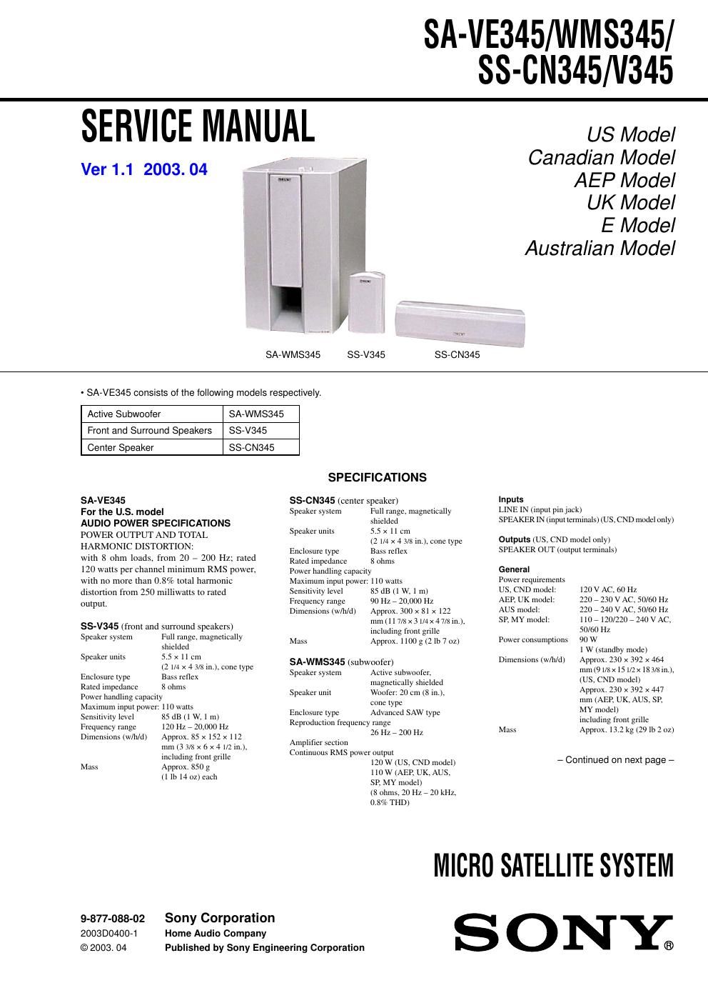 sony sa ve 345 service manual