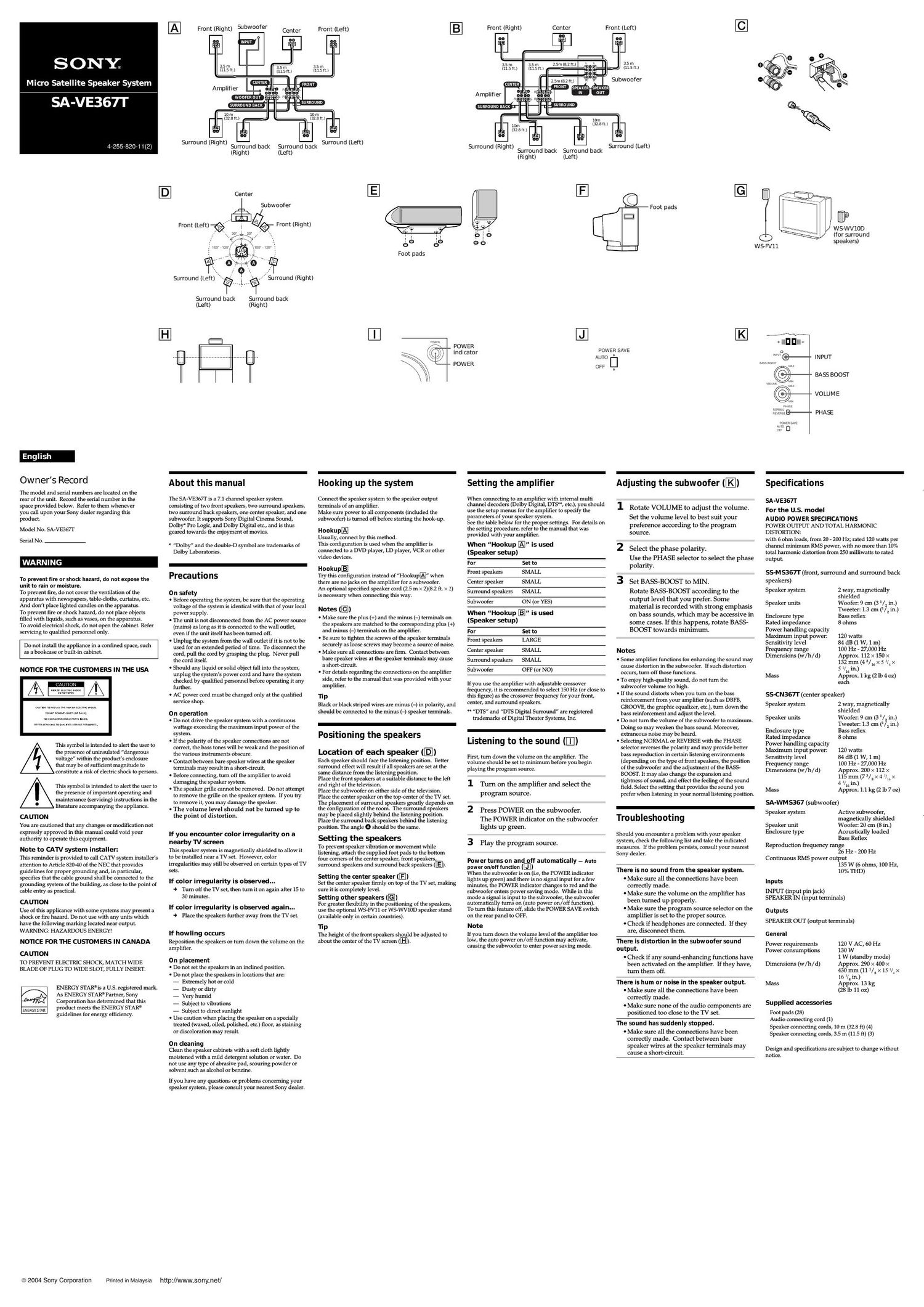 sony sa ve 367 t owners manual