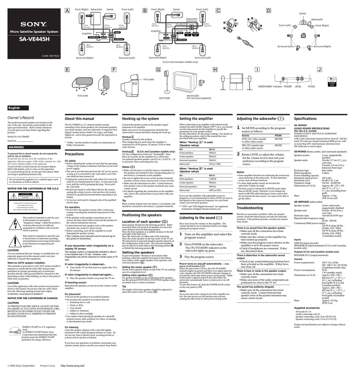 sony sa ve 445 h owners manual