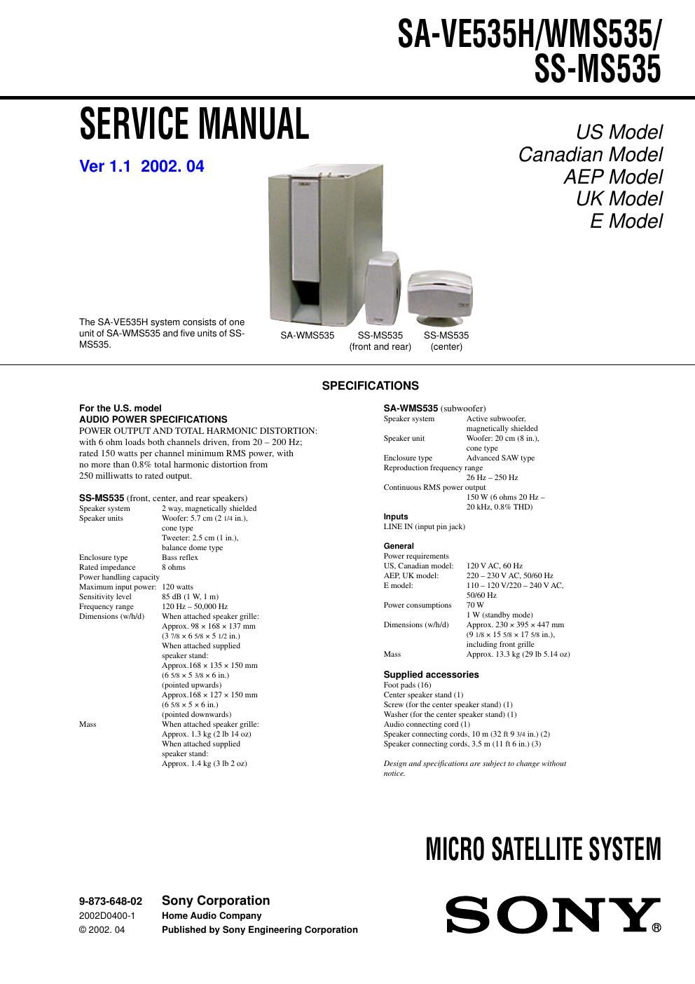 sony sa ve 535 h service manual